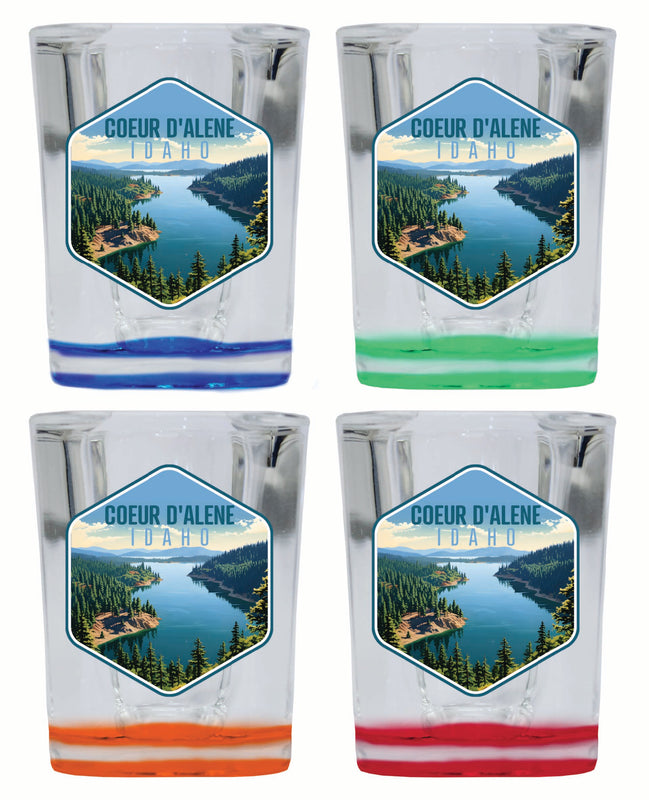 Coeur D'Alene Idaho Aerial Lake Design Souvenir 2 Ounce Shot Glass Square 4-Pack Multicolor 