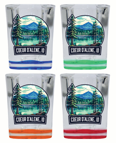 Coeur D'Alene Idaho Mountain Lake Illustration Design Souvenir 2 Ounce Shot Glass Square 4-Pack Multicolor 