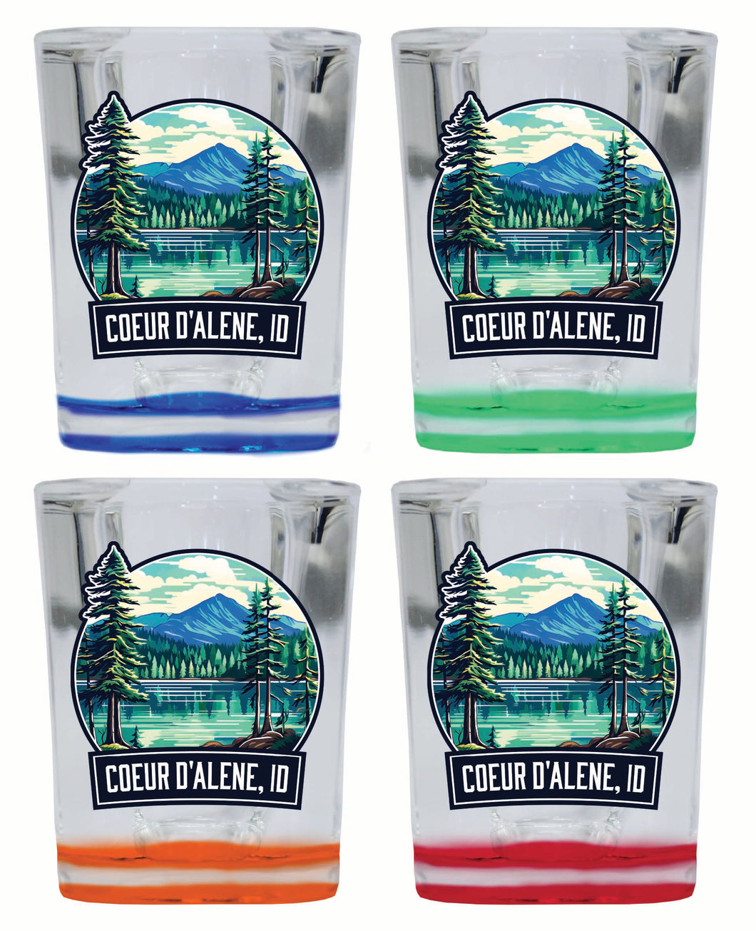 Coeur D'Alene Idaho Mountain Lake Illustration Design Souvenir 2 Ounce Shot Glass Square 4-Pack Multicolor 