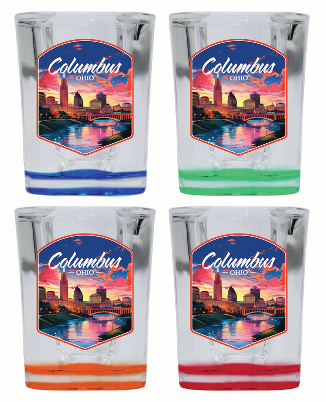 Columbus Ohio Sunset Cityscape Design Souvenir 2 Ounce Shot Glass Square 4-Pack Multicolor 