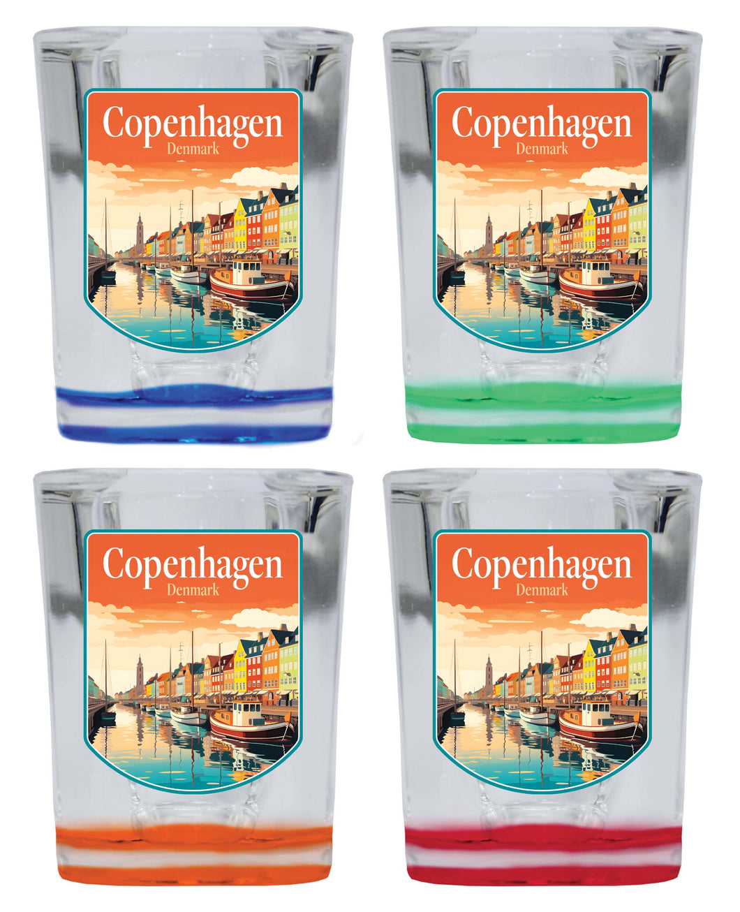 Copenhagen Denmark Design A Souvenir 2 Ounce Shot Glass Square 4-Pack Multicolor