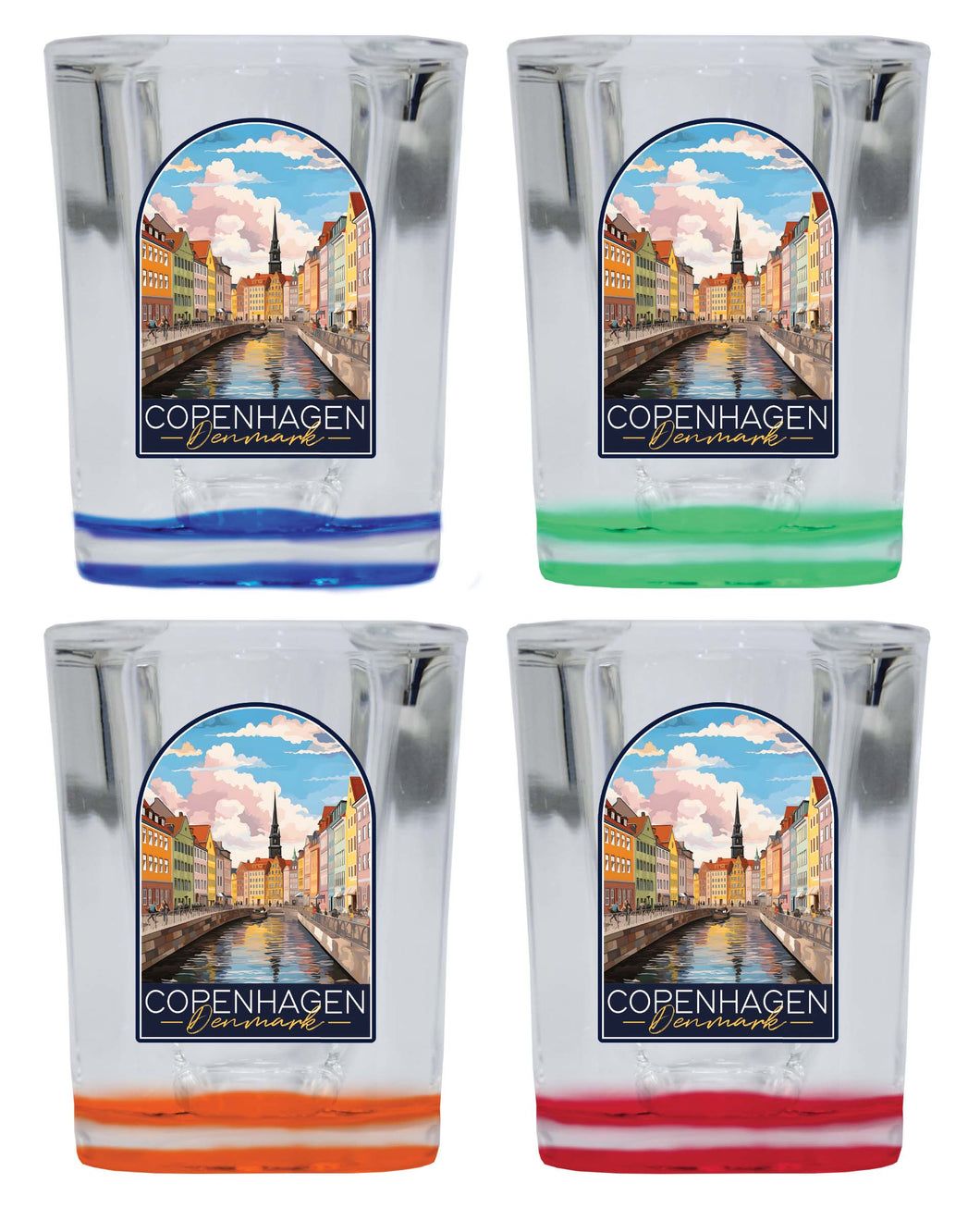 Copenhagen Denmark Design B Souvenir 2 Ounce Shot Glass Square 4-Pack Multicolor