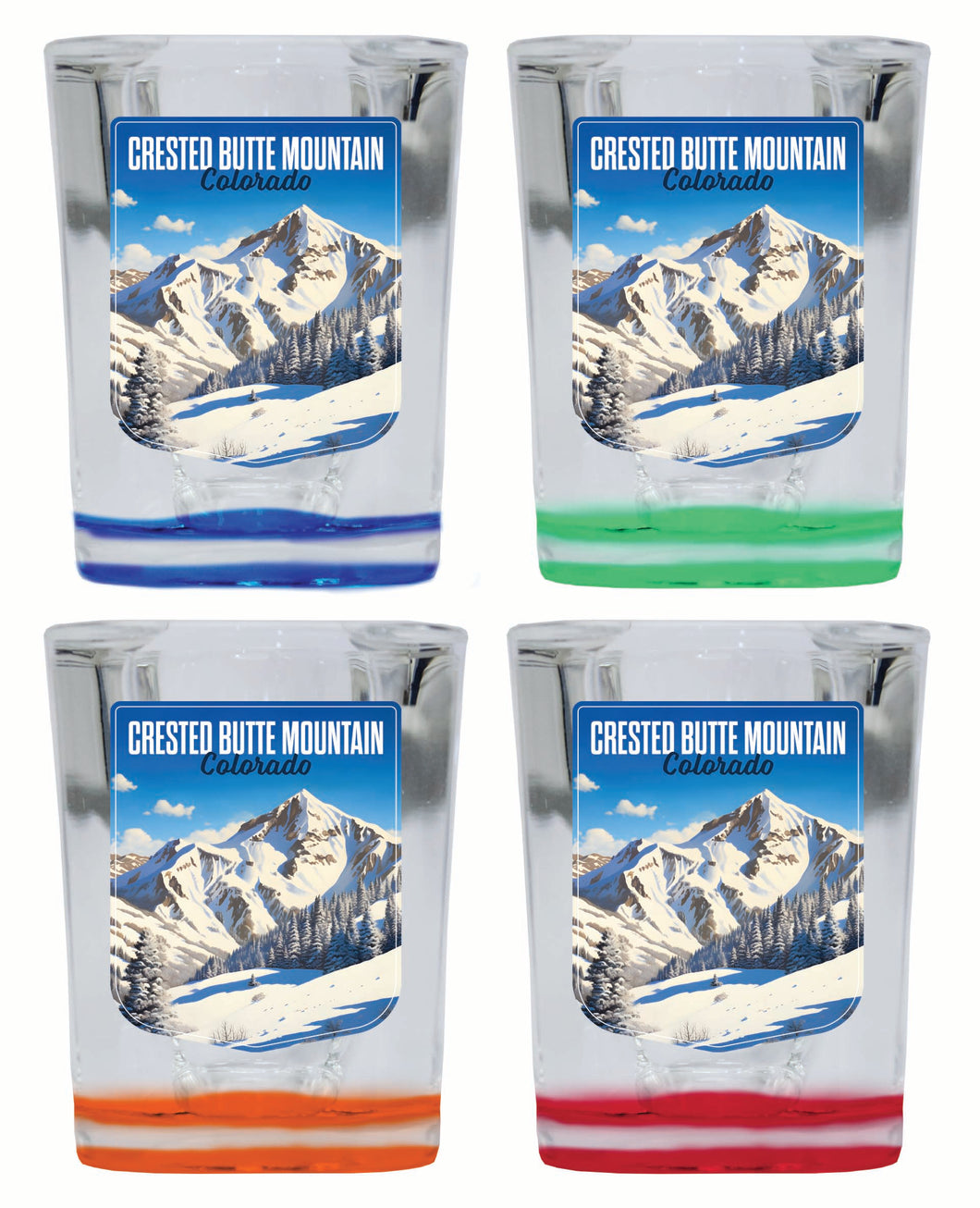 Crested Butte Mountain Colorado Snowy Mountain Design Souvenir 2 Ounce Shot Glass Square 4-Pack Multicolor 