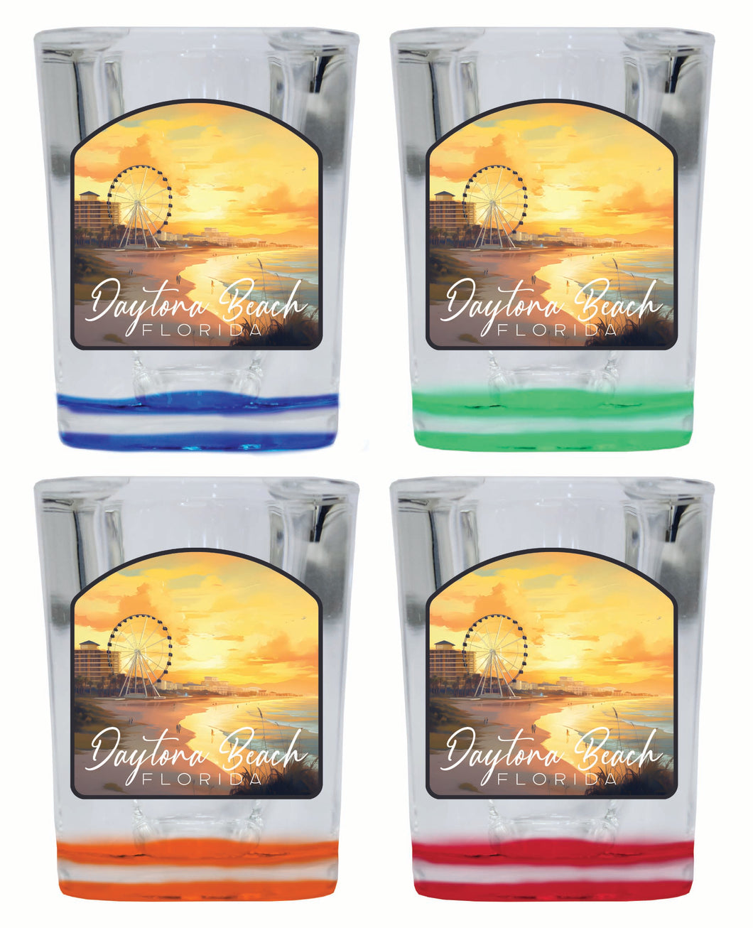 Daytona Beach Florida Boardwalk Ferris Wheel Design Souvenir 2 Ounce Shot Glass Square 4-Pack Multicolor 