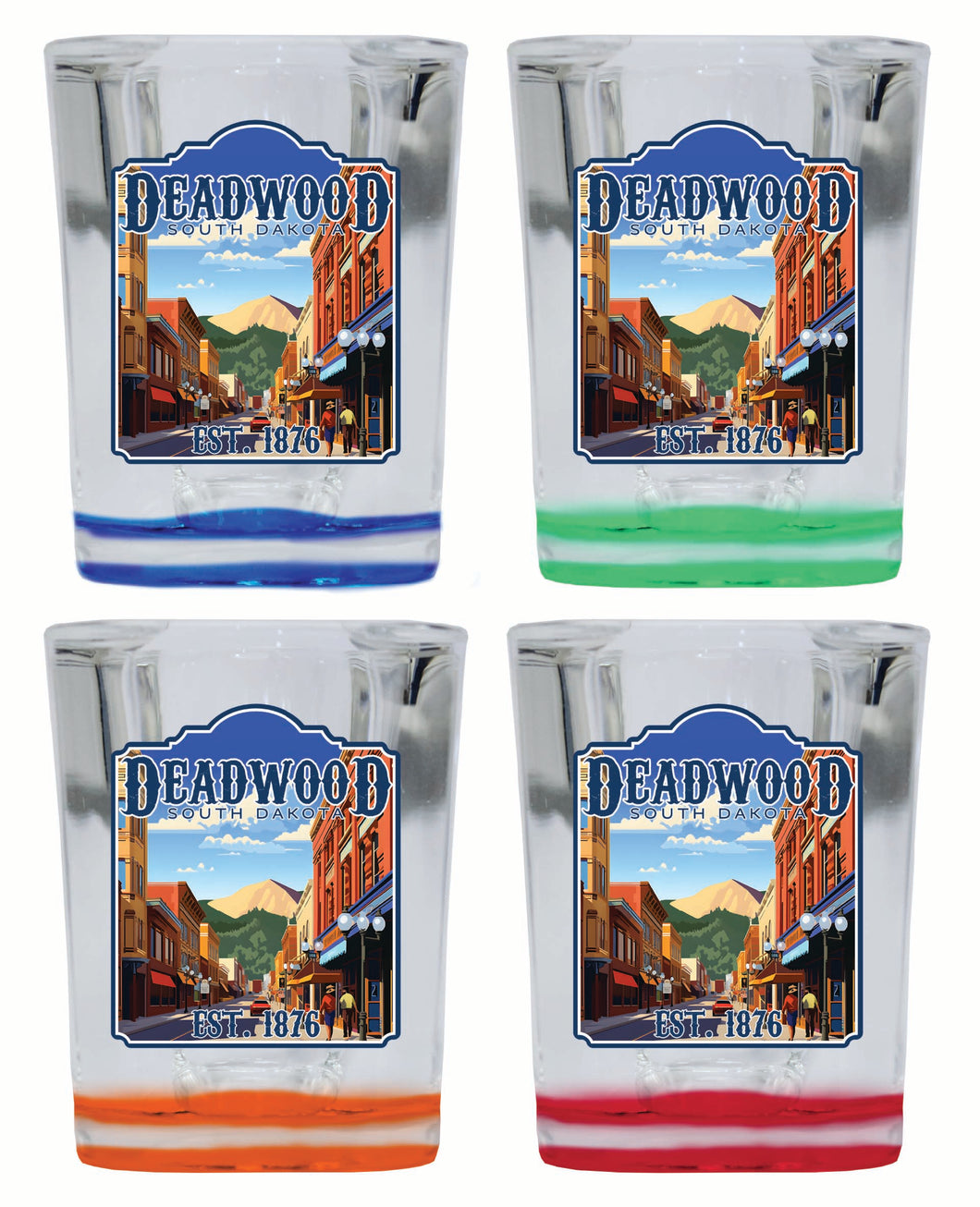 Deadwood South Dakota Wild West Design Souvenir 2 Ounce Shot Glass Square 4-Pack Multicolor 