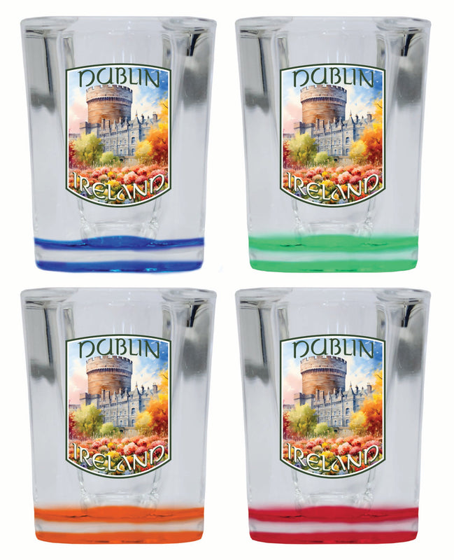 Dublin Ireland Watercolor Dublin Castle Design Souvenir 2 Ounce Shot Glass Square 4-Pack Multicolor 