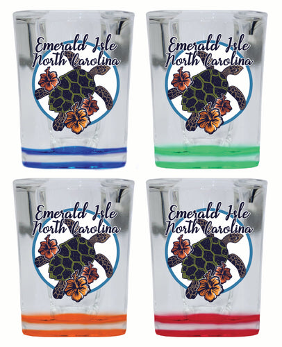 Emerald Isle North Carolina Turtle and Flowers Design Souvenir 2 Ounce Shot Glass Square 4-Pack Multicolor 