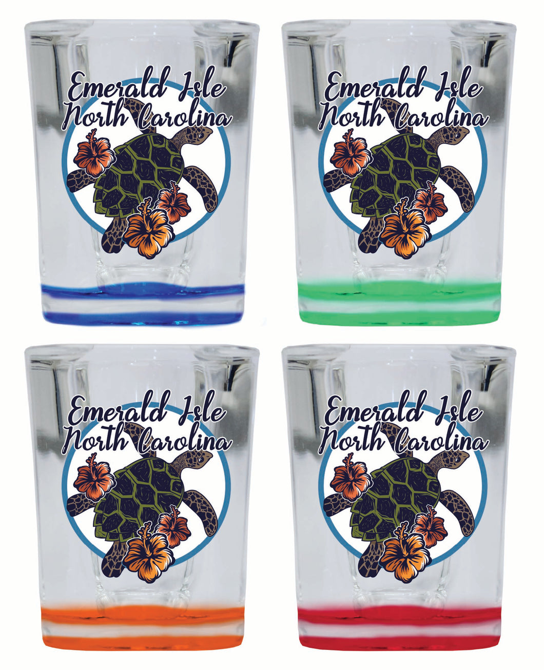 Emerald Isle North Carolina Turtle and Flowers Design Souvenir 2 Ounce Shot Glass Square 4-Pack Multicolor 