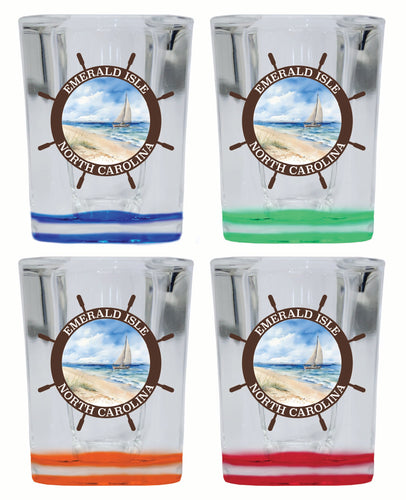 Emerald Isle North Carolina Nautical Helm Design Souvenir 2 Ounce Shot Glass Square 4-Pack Multicolor 
