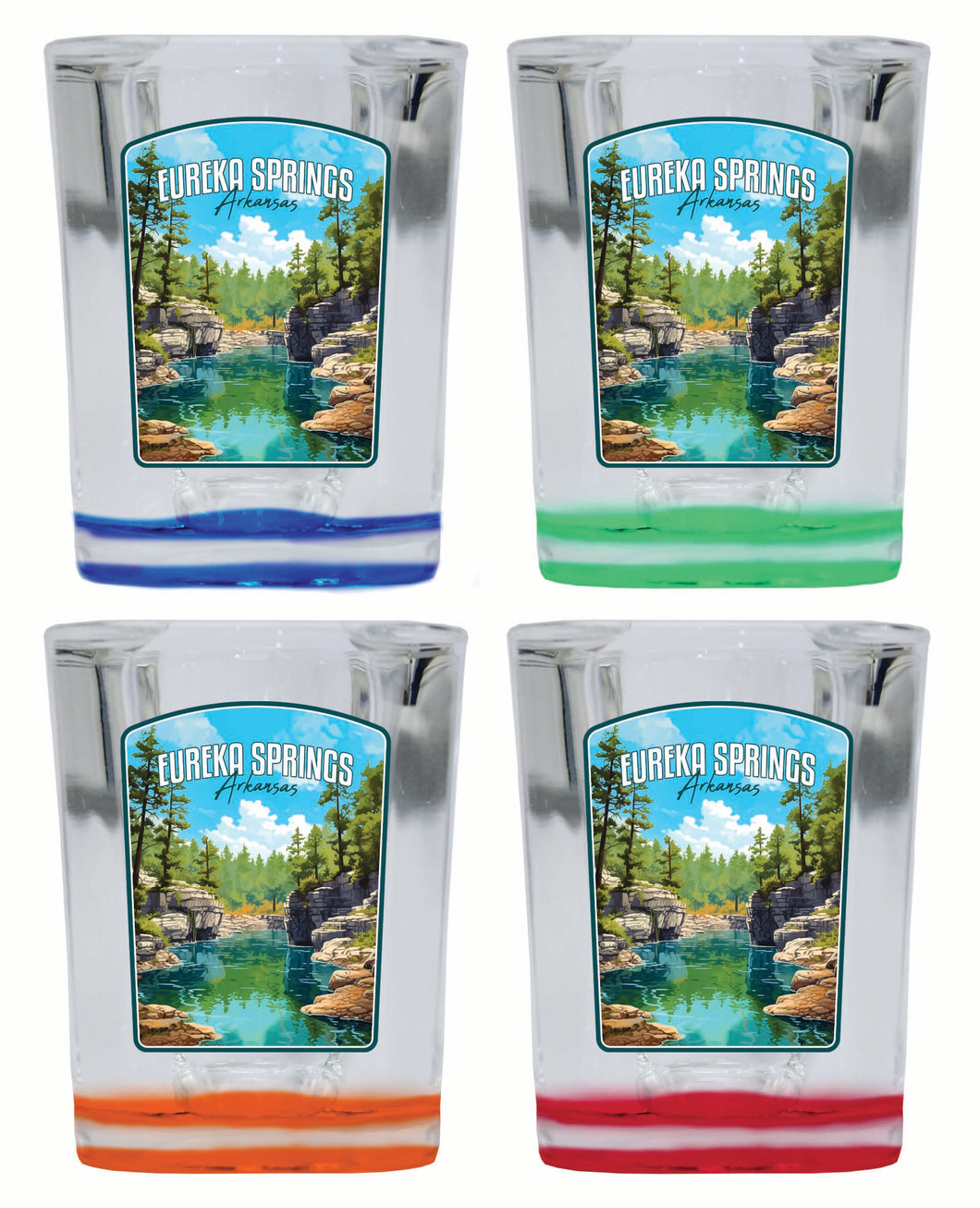 Eureka Springs Arkansas Natural Springs Design Souvenir 2 Ounce Shot Glass Square 4-Pack Multicolor 