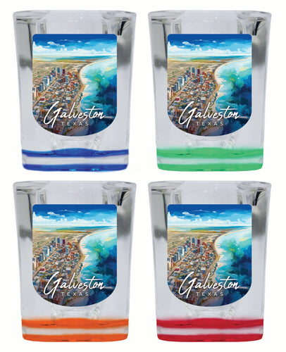 Glaveston Texas Aerial Painting Design Souvenir 2 Ounce Shot Glass Square 4-Pack Multicolor 