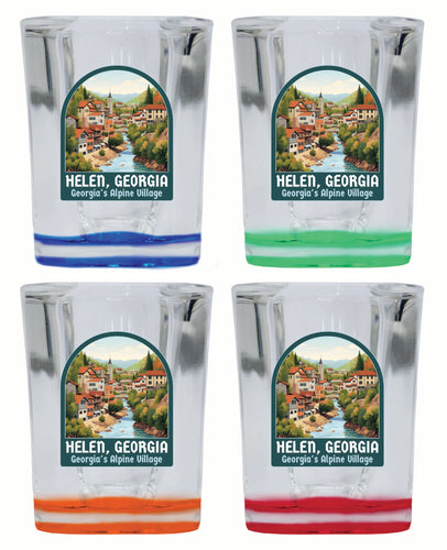 Helen Georgia Alpine Village Design Souvenir 2 Ounce Shot Glass Square 4-Pack Multicolor 