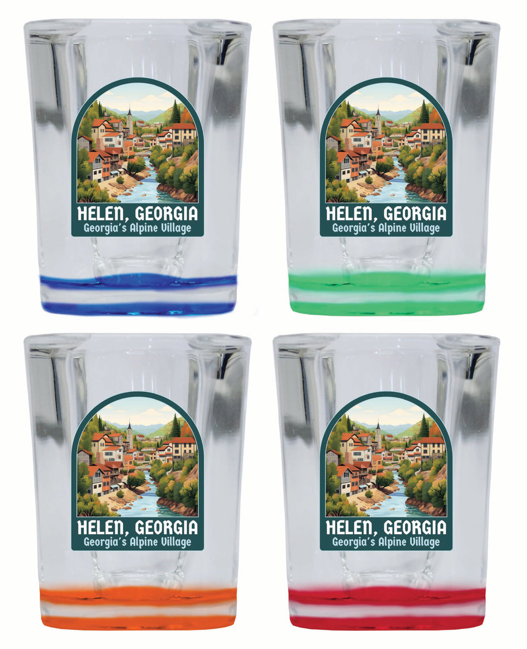 Helen Georgia Alpine Village Design Souvenir 2 Ounce Shot Glass Square 4-Pack Multicolor 