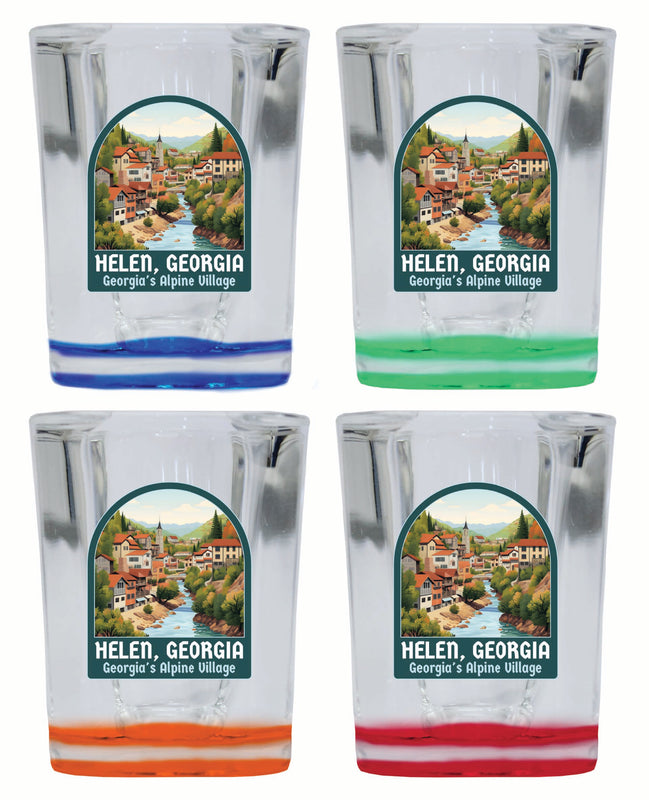 Helen Georgia Alpine Village Design Souvenir 2 Ounce Shot Glass Square 4-Pack Multicolor 