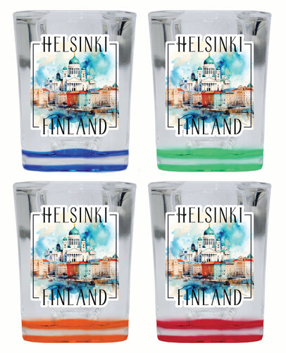 Helsinki Finland Watercolor Helsinki Cathedral Design Souvenir 2 Ounce Shot Glass Square 4-Pack Multicolor 