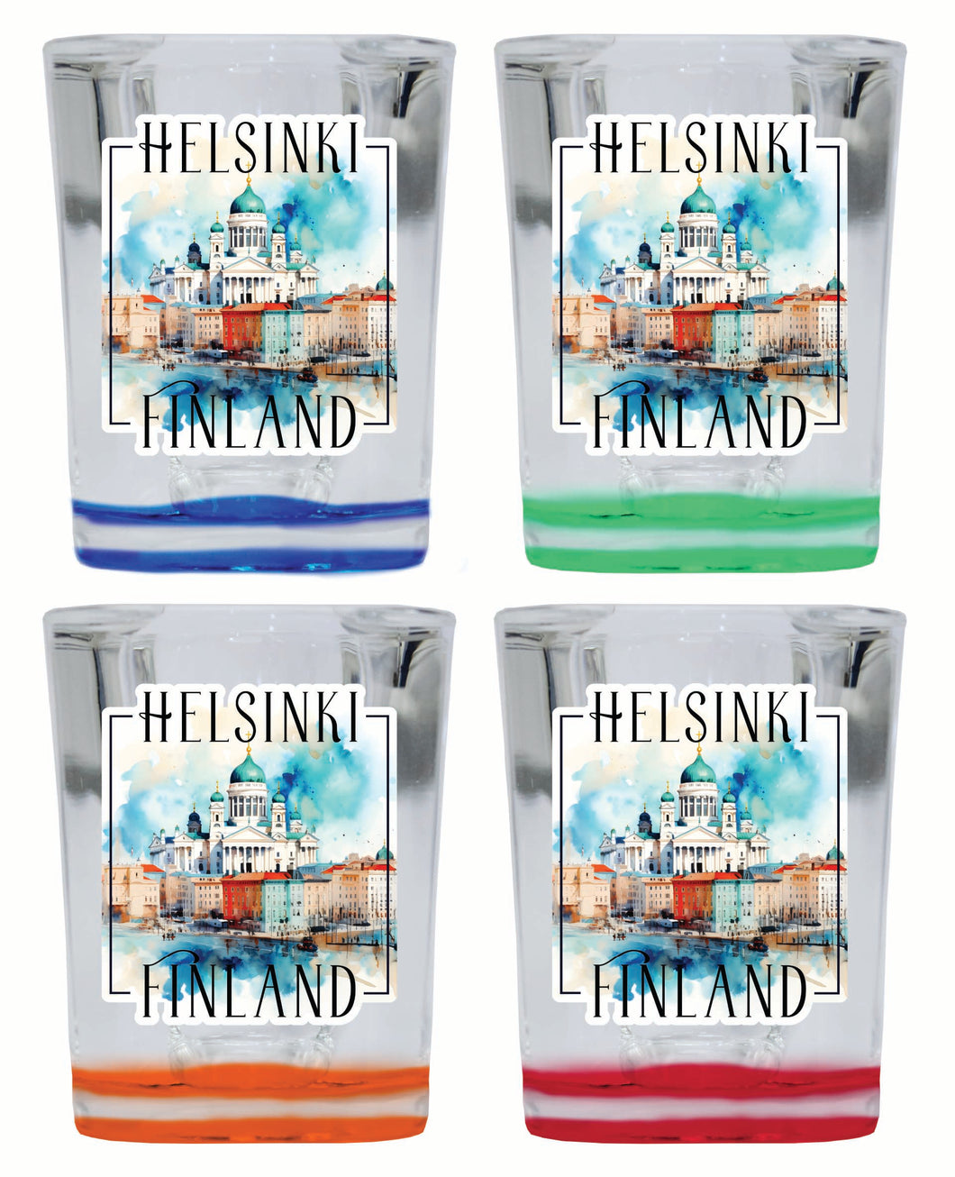 Helsinki Finland Watercolor Helsinki Cathedral Design Souvenir 2 Ounce Shot Glass Square 4-Pack Multicolor 