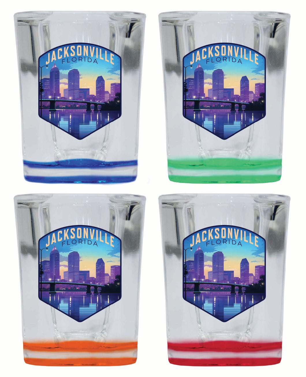 Jacksonville Florida Evening Cityscape Design Souvenir 2 Ounce Shot Glass Square 4-Pack Multicolor 