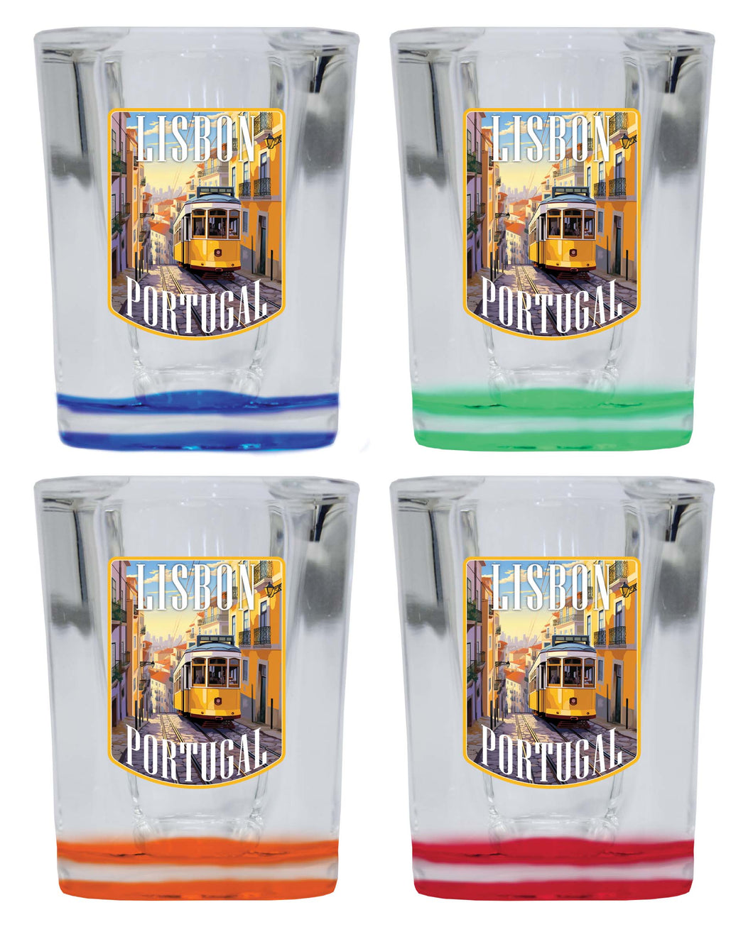 Lisbon Portugal Design A Souvenir 2 Ounce Shot Glass Square 4-Pack Multicolor