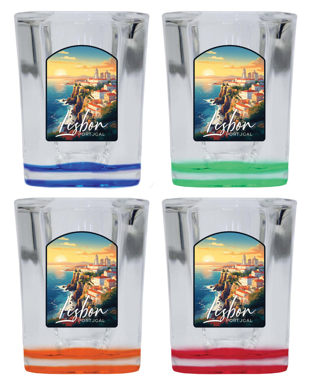 Lisbon Portugal Design B Souvenir 2 Ounce Shot Glass Square 4-Pack Multicolor