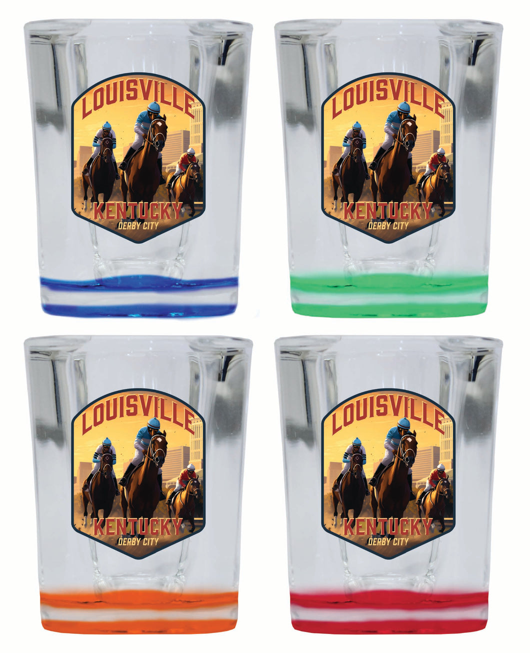 Louisville Kentucky Derby City Design Souvenir 2 Ounce Shot Glass Square 4-Pack Multicolor 