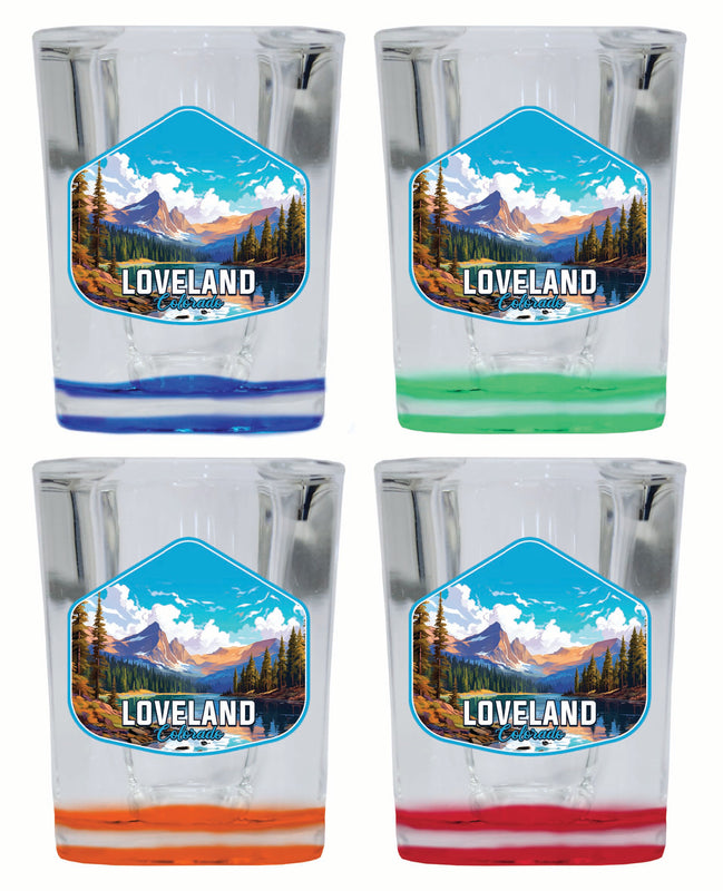 Loveland Colorado Mountain Landscape Design Souvenir 2 Ounce Shot Glass Square 4-Pack Multicolor 