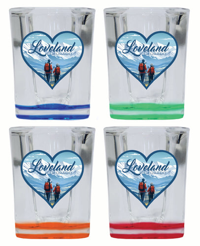 Loveland Colorado Ski Love Design Souvenir 2 Ounce Shot Glass Square 4-Pack Multicolor 