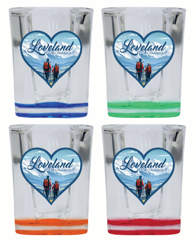 Loveland Colorado Ski Love Design Souvenir 2 Ounce Shot Glass Square 4-Pack Multicolor 