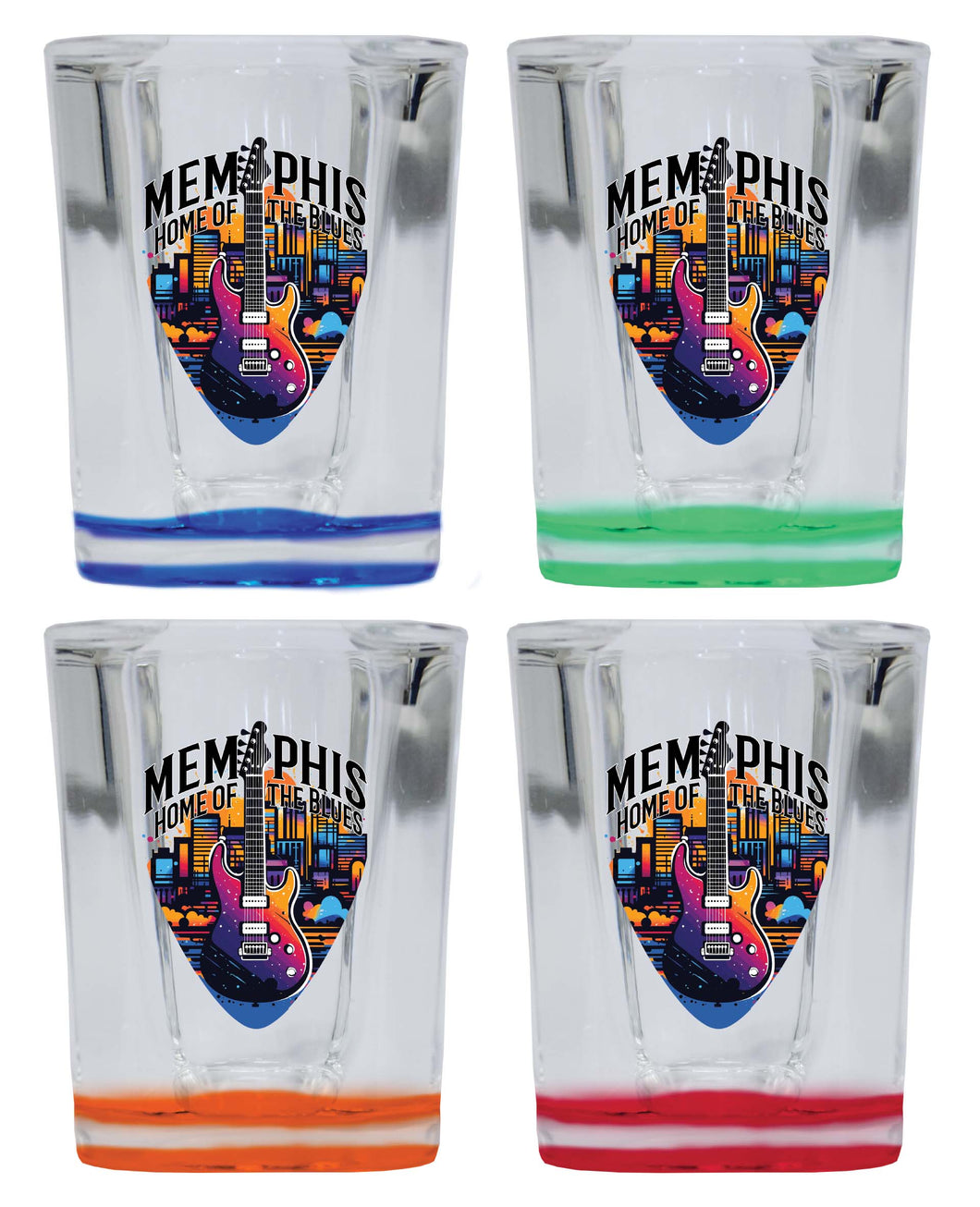 Memphis Tennessee Design B Souvenir 2 Ounce Shot Glass Square 4-Pack Multicolor