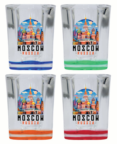 Moscow Russia Saint Basil's Cathedral Illustration Design Souvenir 2 Ounce Shot Glass Square 4-Pack Multicolor 