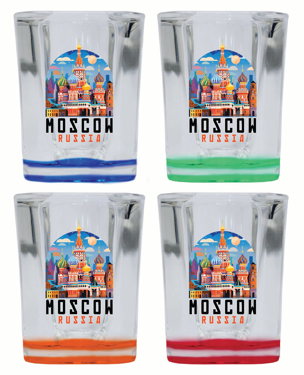 Moscow Russia Saint Basil's Cathedral Illustration Design Souvenir 2 Ounce Shot Glass Square 4-Pack Multicolor 
