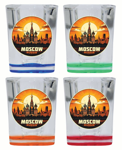 Moscow Russia Saint Basil's Cathedral Sunset Design Souvenir 2 Ounce Shot Glass Square 4-Pack Multicolor 