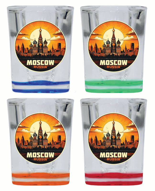 Moscow Russia Saint Basil's Cathedral Sunset Design Souvenir 2 Ounce Shot Glass Square 4-Pack Multicolor 