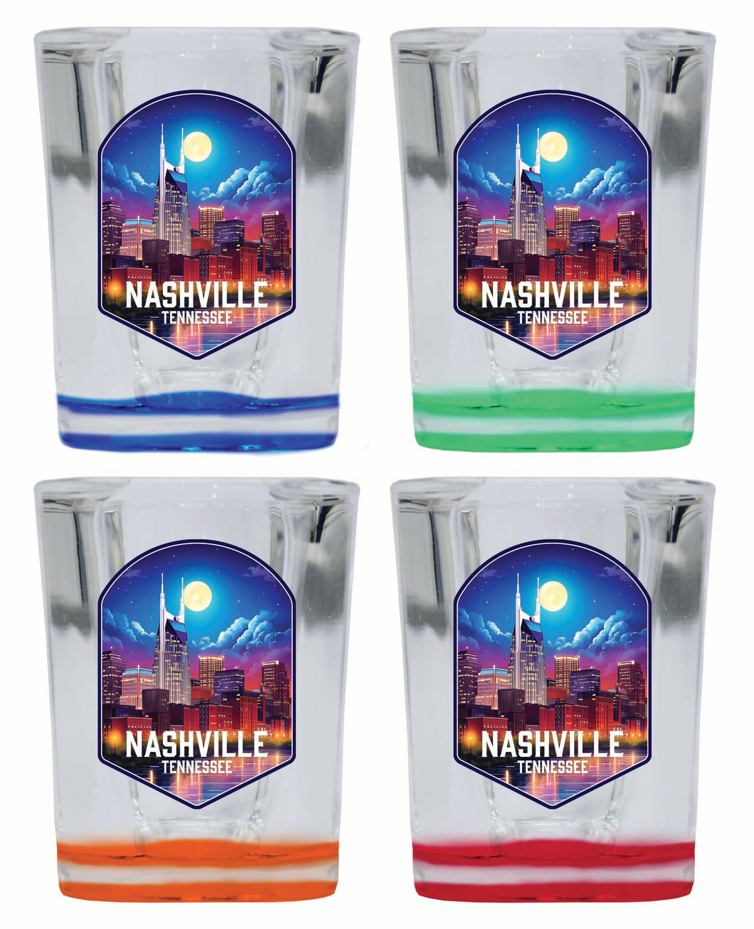 Nashville Tennessee Design D Souvenir 2 Ounce Shot Glass Square 4-Pack Multicolor 