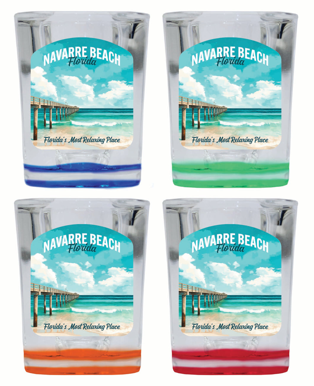 Navarre Beach Florida Pier Painting Design Souvenir 2 Ounce Shot Glass Square 4-Pack Multicolor 