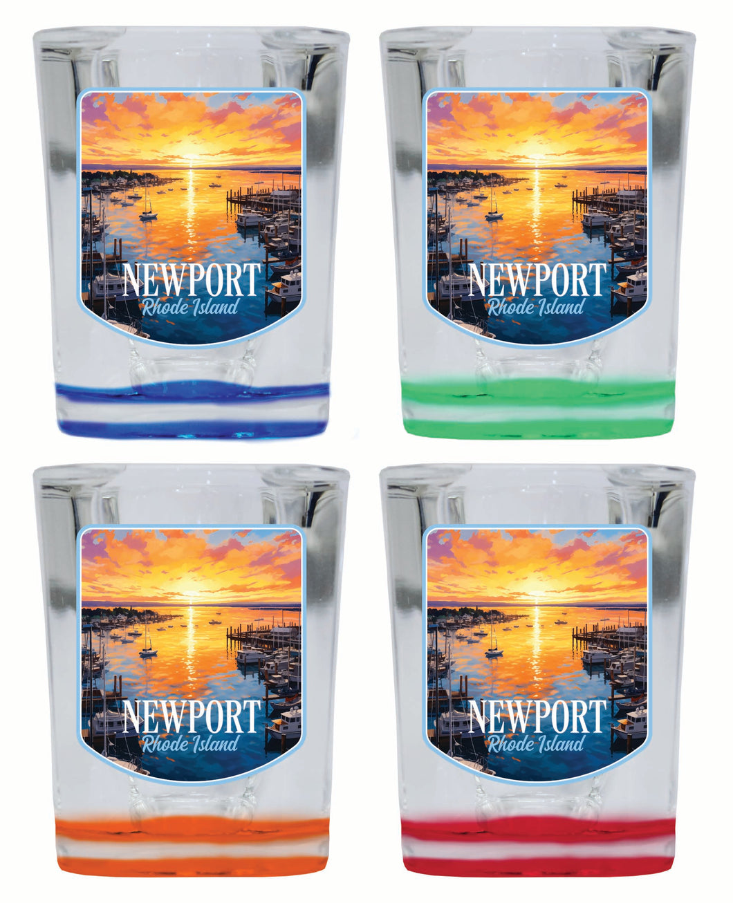 Newport Rhode Island Sunset over the Bay Design Souvenir 2 Ounce Shot Glass Square 4-Pack Multicolor 