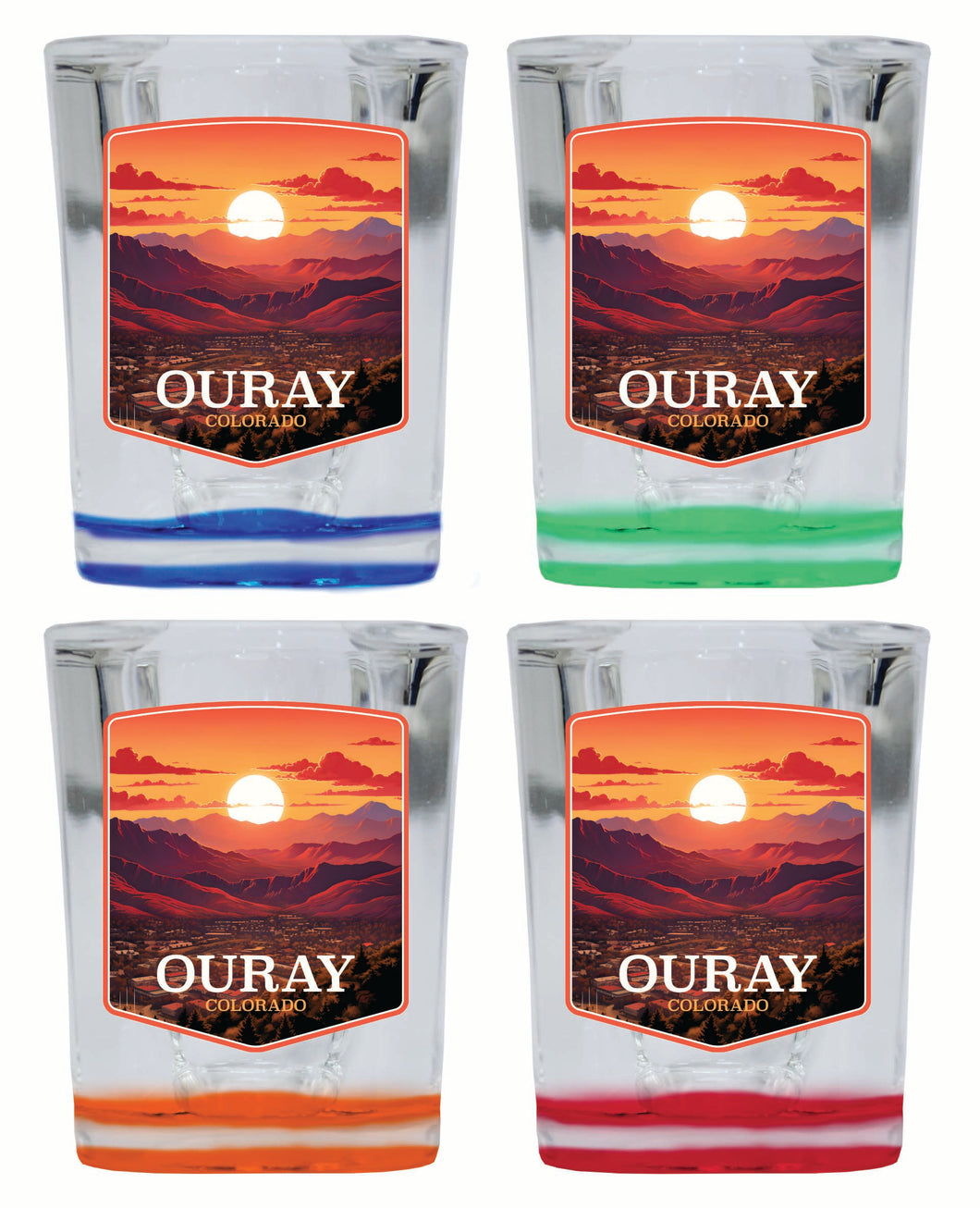 Ouray Colorado Mountain Sunset Design Souvenir 2 Ounce Shot Glass Square 4-Pack Multicolor 