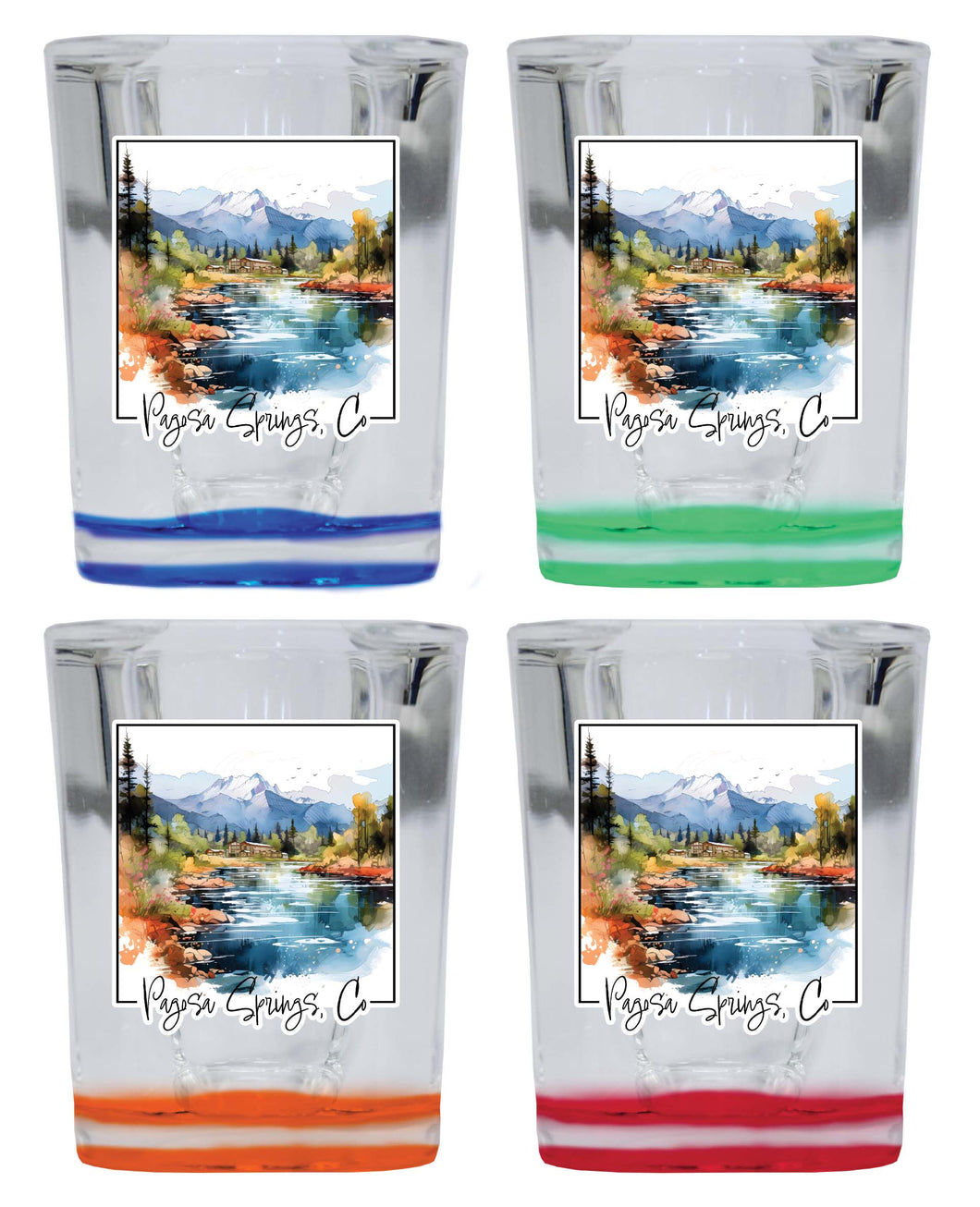 Pagosa Springs Colorado Design A Souvenir 2 Ounce Shot Glass Square 4-Pack Multicolor