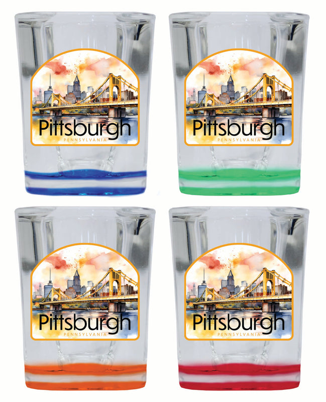 Pittsburgh Pennsylvania Yellow Bridge Design Souvenir 2 Ounce Shot Glass Square 4-Pack Multicolor 