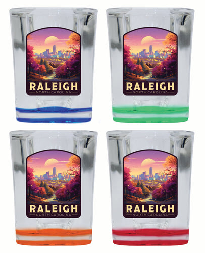 Raleigh North Carolina City of Oaks Design Souvenir 2 Ounce Shot Glass Square 4-Pack Multicolor 