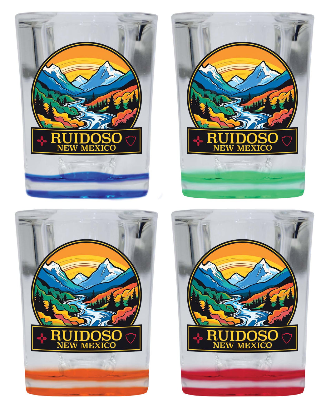 Ruidoso New Mexico Design B Souvenir 2 Ounce Shot Glass Square 4-Pack Multicolor 