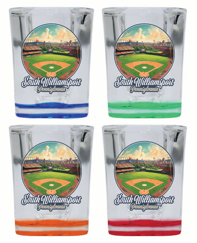 South Williamsport Pennsylvania Baseball Diamond Design Souvenir 2 Ounce Shot Glass Square 4-Pack Multicolor 