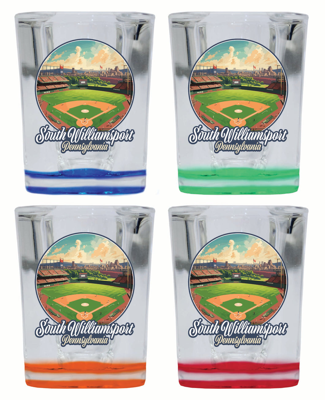 South Williamsport Pennsylvania Baseball Diamond Design Souvenir 2 Ounce Shot Glass Square 4-Pack Multicolor 