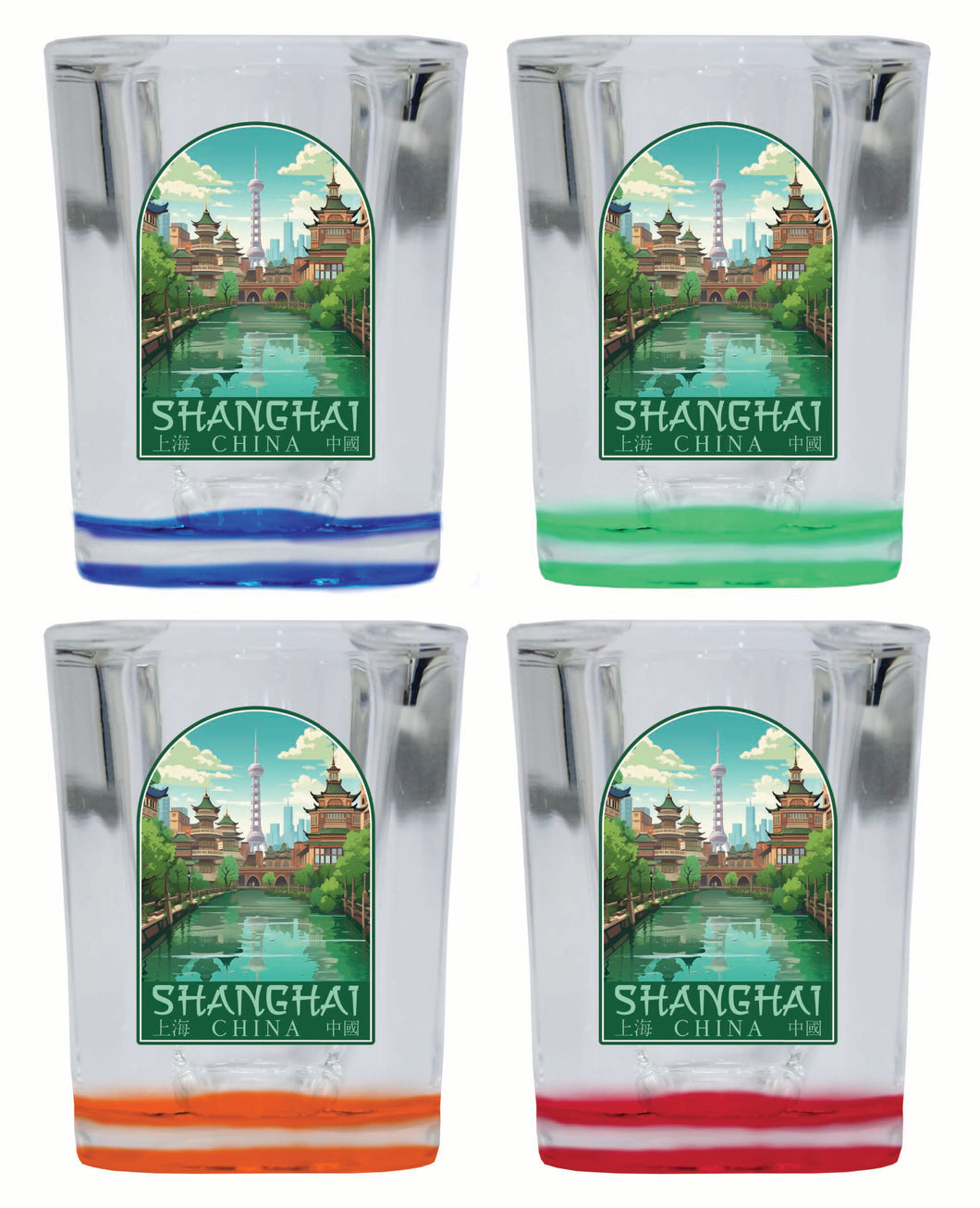 Shanghai China Old Town Design Souvenir 2 Ounce Shot Glass Square 4-Pack Multicolor 