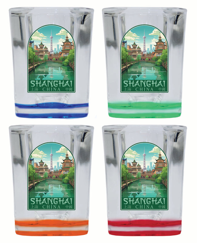 Shanghai China Old Town Design Souvenir 2 Ounce Shot Glass Square 4-Pack Multicolor 