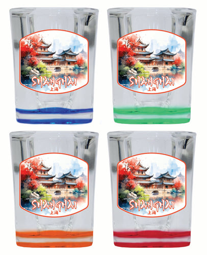 Shanghai China Watercolor Templates Design Souvenir 2 Ounce Shot Glass Square 4-Pack Multicolor 