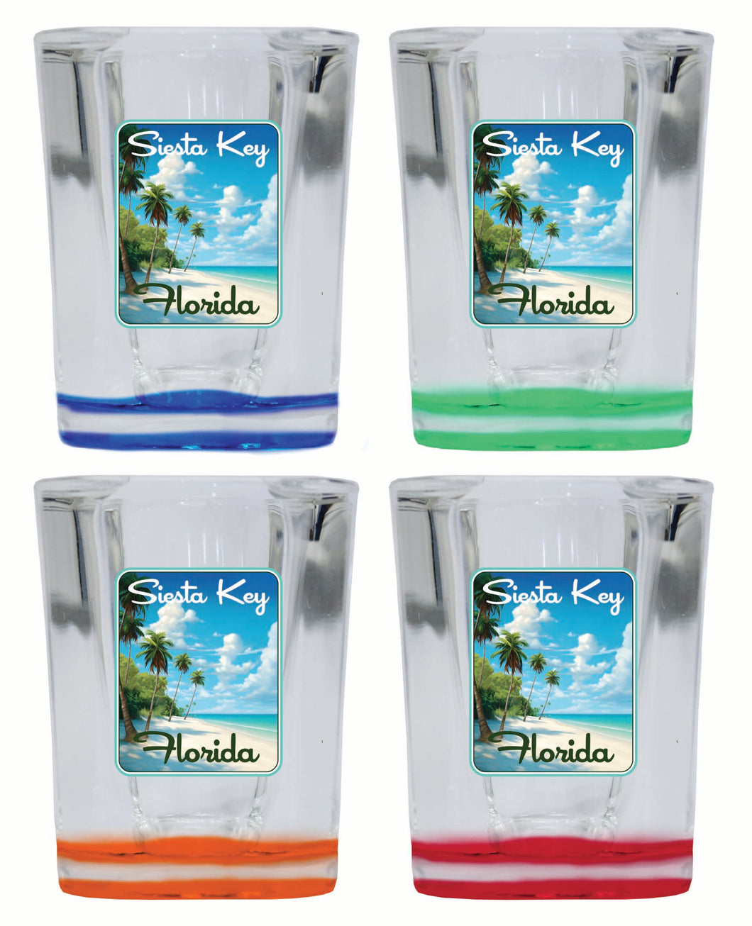 Siesta Key Beach Florida Tropical Beach Design Souvenir 2 Ounce Shot Glass Square 4-Pack Multicolor 