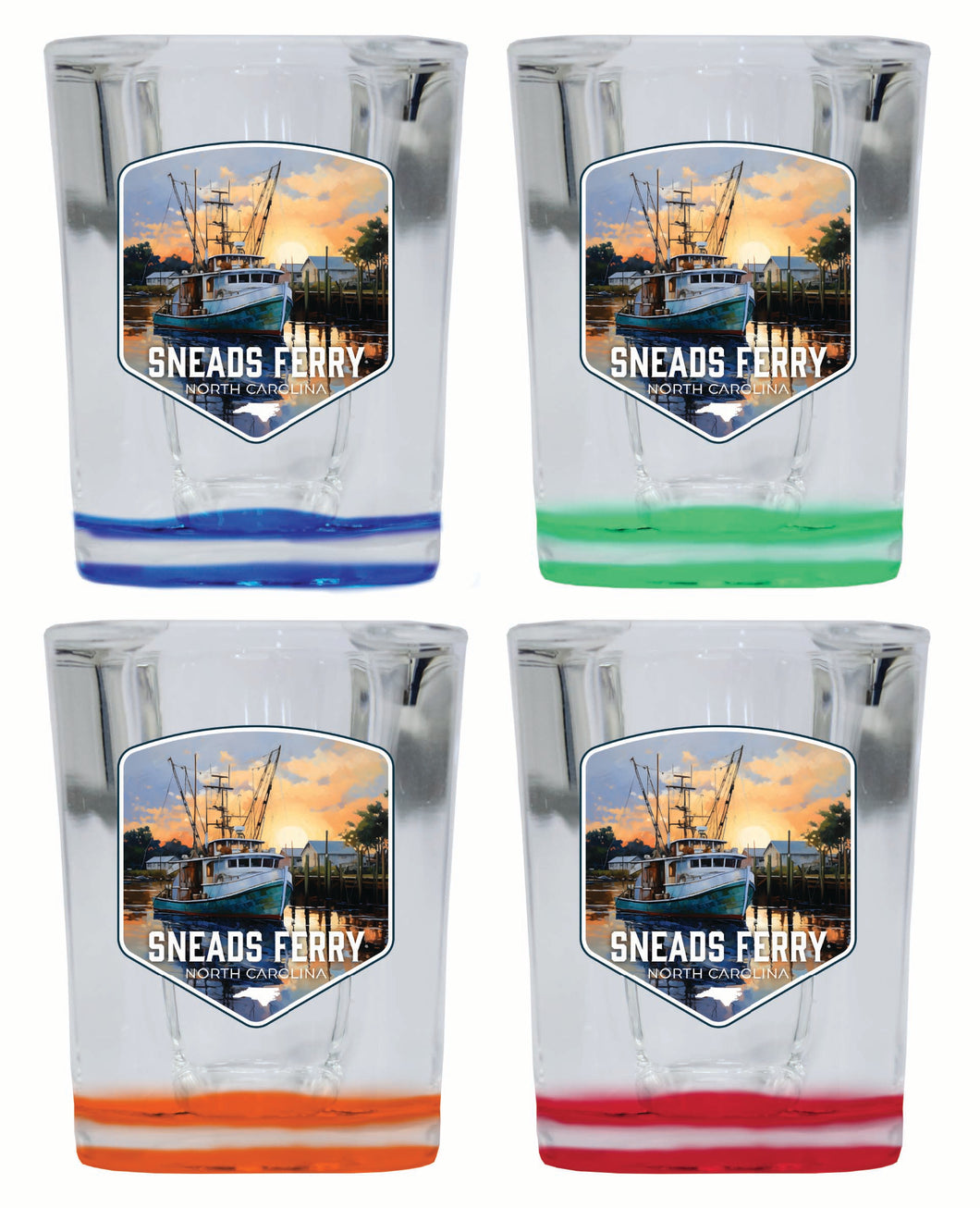 Sneads Ferry North Carolina Shrimp Boat Design Souvenir 2 Ounce Shot Glass Square 4-Pack Multicolor 