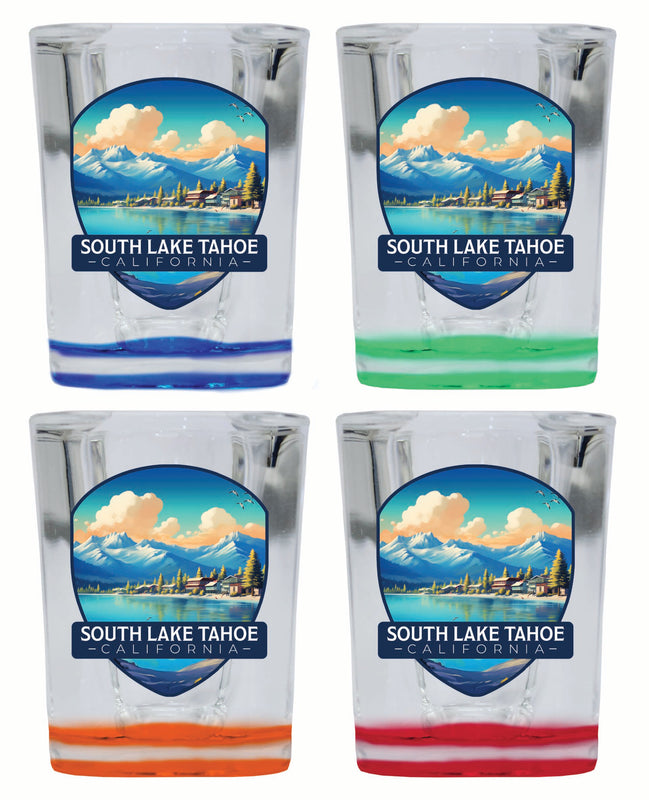 South Lake Tahoe Mountains over Lake Design Souvenir 2 Ounce Shot Glass Square 4-Pack Multicolor 