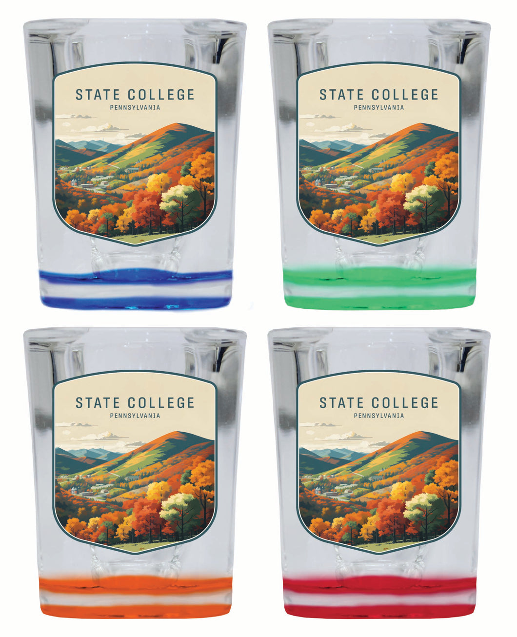 State College Pennsylvania Autumn Mountains Design Souvenir 2 Ounce Shot Glass Square 4-Pack Multicolor 