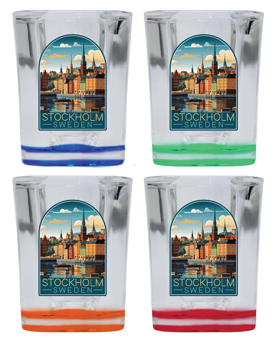 Stockholm Sweden Design A Souvenir 2 Ounce Shot Glass Square 4-Pack Multicolor 